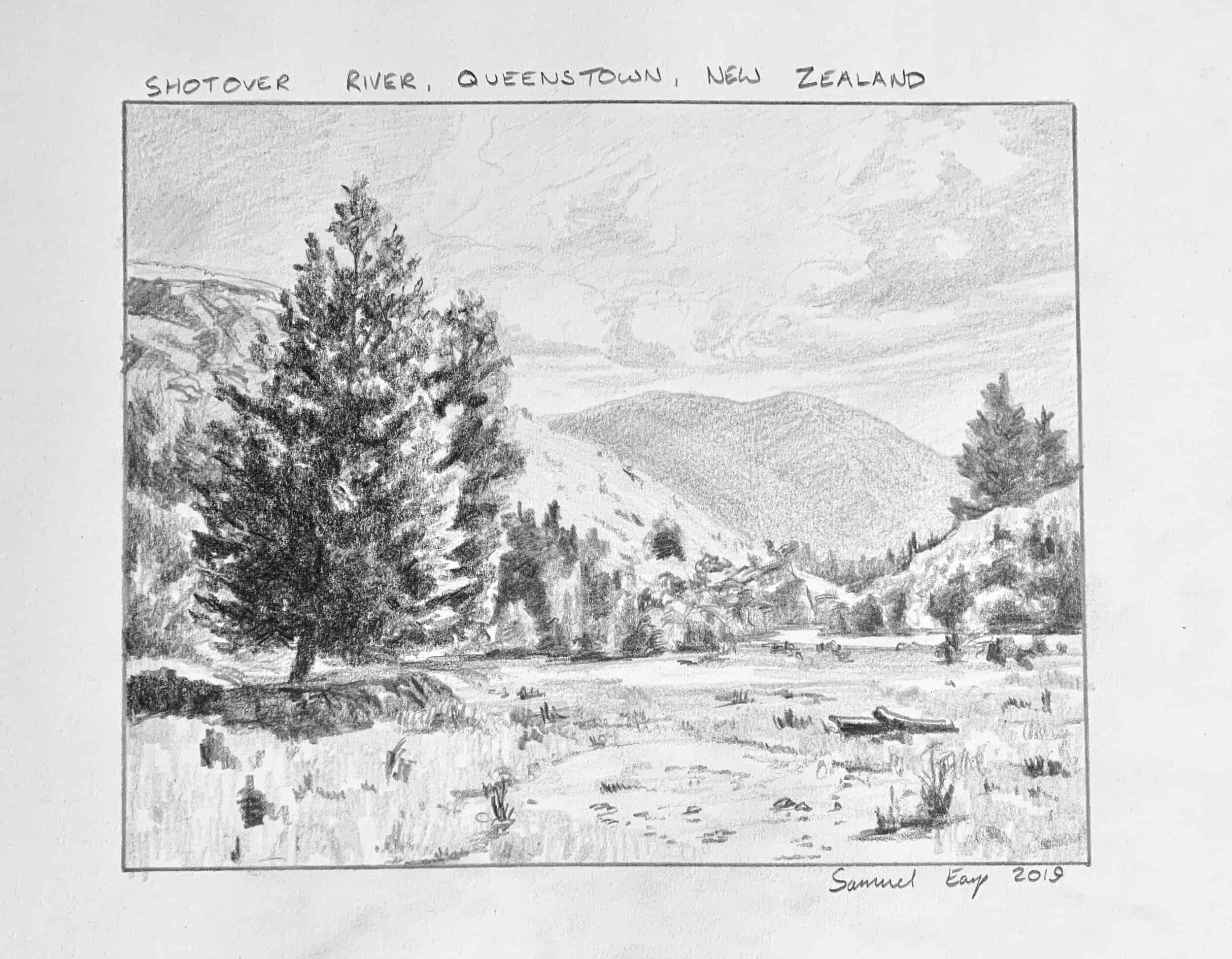 Shotover River - Queenstown - New Zealand - pencil drawing - Samuel Earp.jpeg