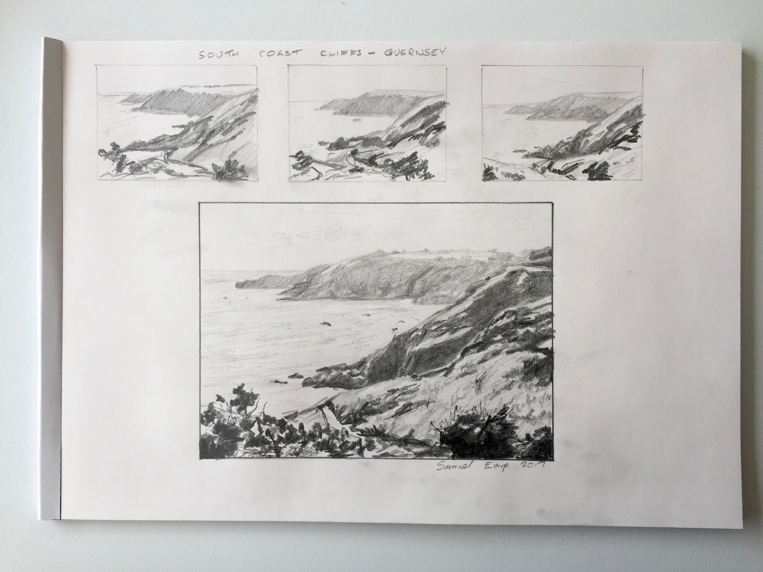 Pencil Sketch and thumbnail sketches of the south coast cliffs of Guernsey.
