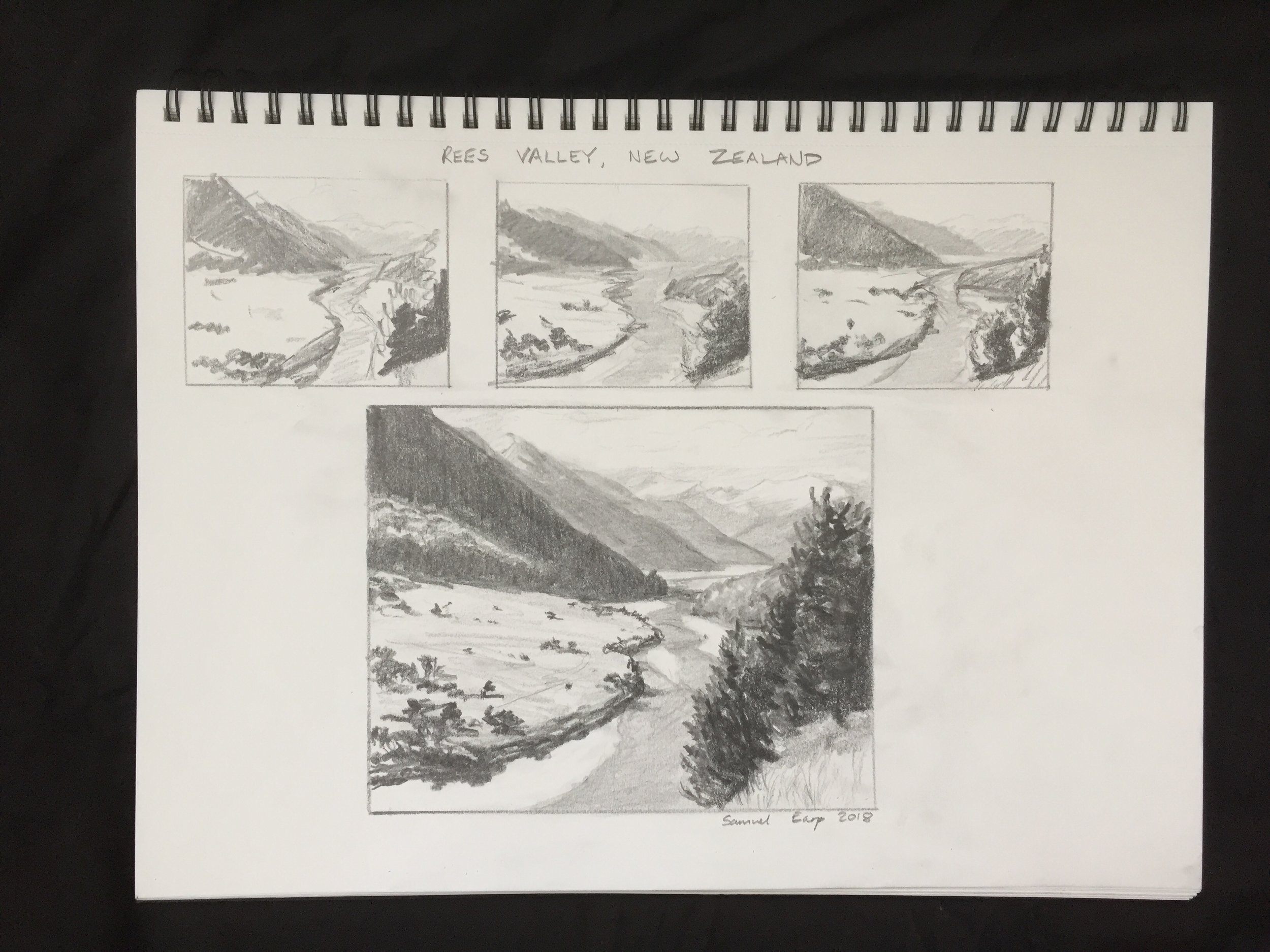 I use hard pencils to achieve the lighter values for the distant mountains. For the dark shadows in the foreground I use a soft 4B pencil.