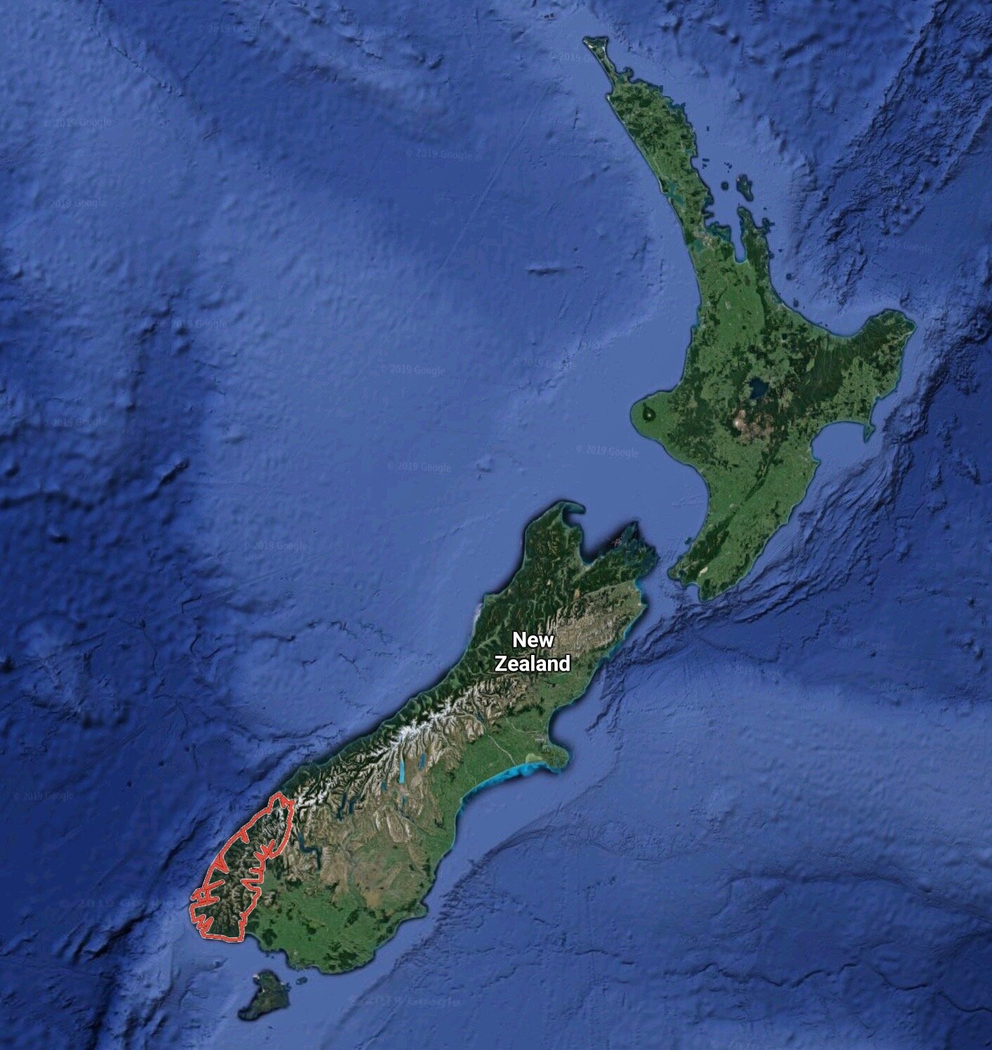 Fiorldland National Park is located in southern New Zealand and outlined in red on this map