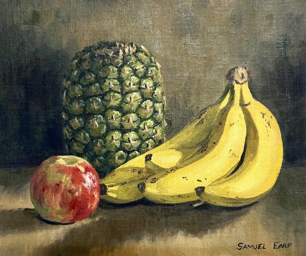 https://samuelearp.com/wp-content/uploads/2023/06/Still-Life-Pineapples-Bananas-and-Apples-Samuel-Earp-oil-painting-1024x855.jpeg